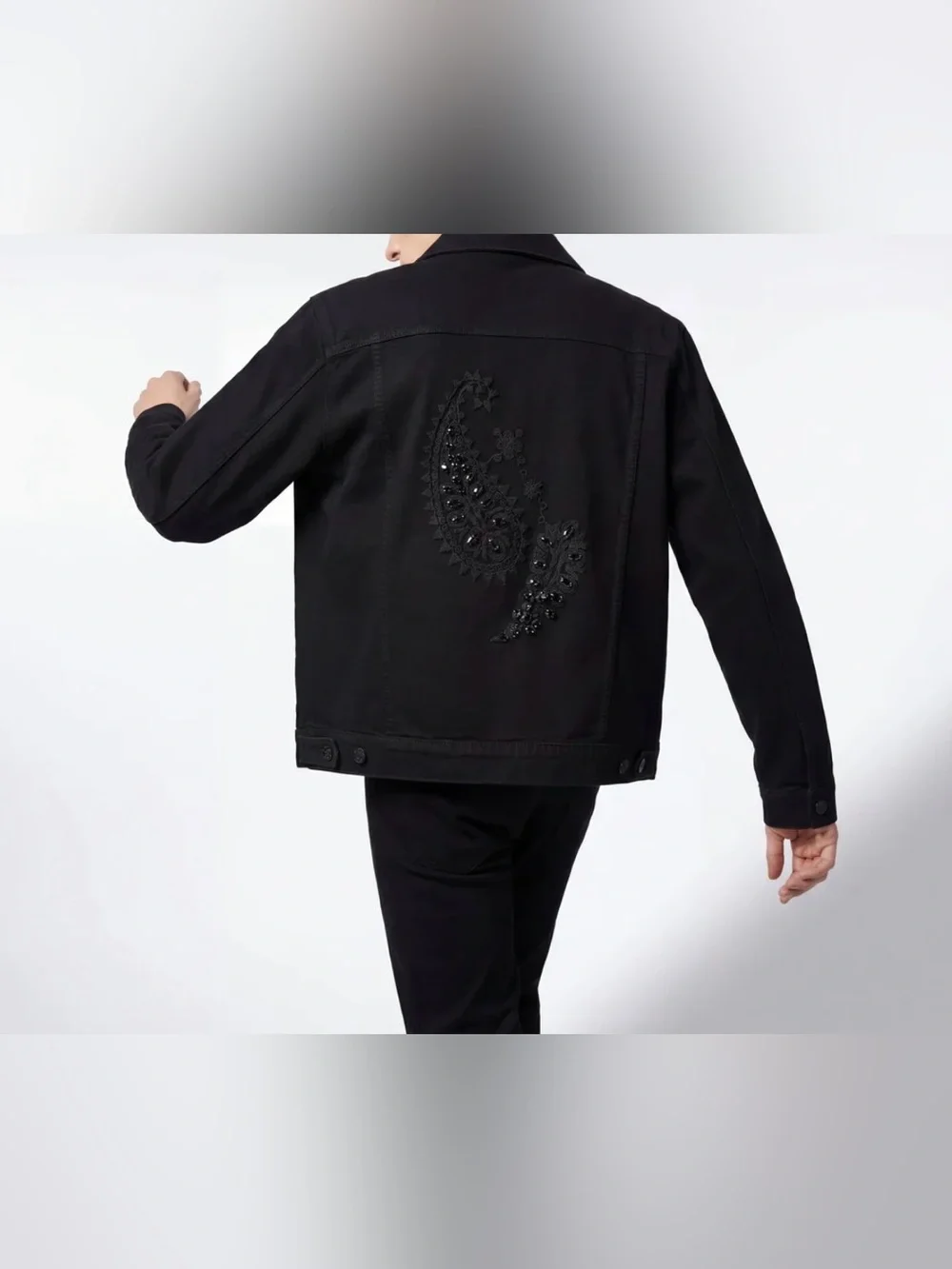 Men's Black Paisley Embroidered Denim Jacket